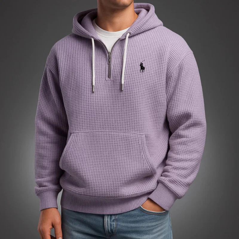Men's Casual Solid Waffle Zipper Long Sleeve Hooded Sweatshirt