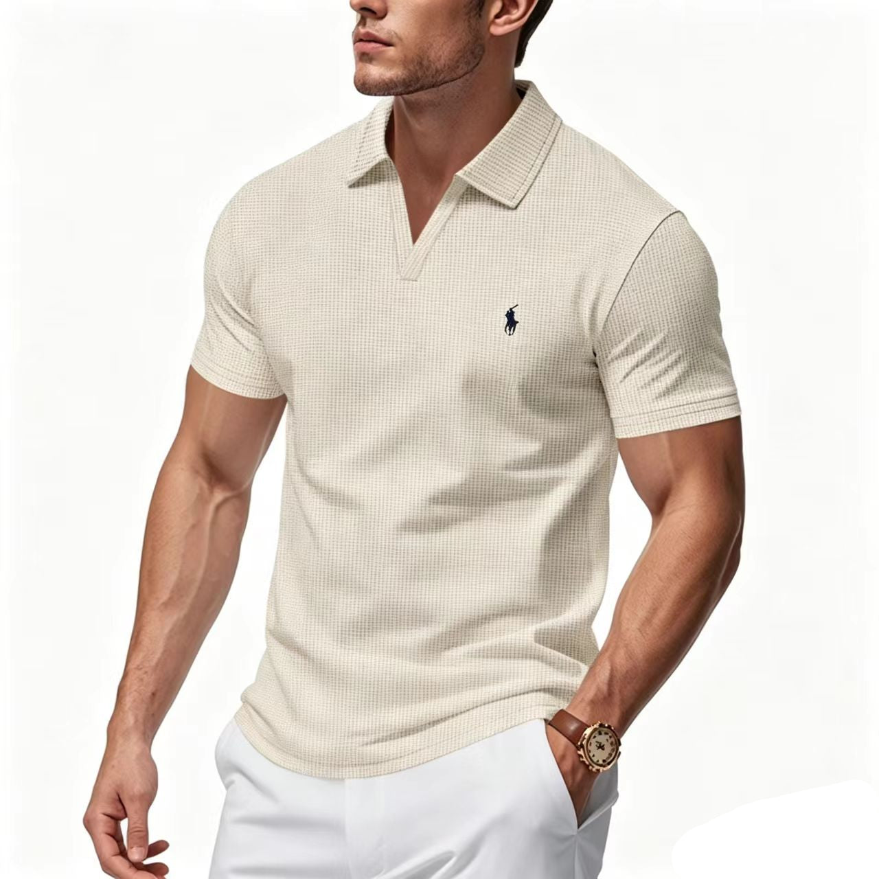 Men's V-Neck Waffle-Knit Short-Sleeve Polo Shirt