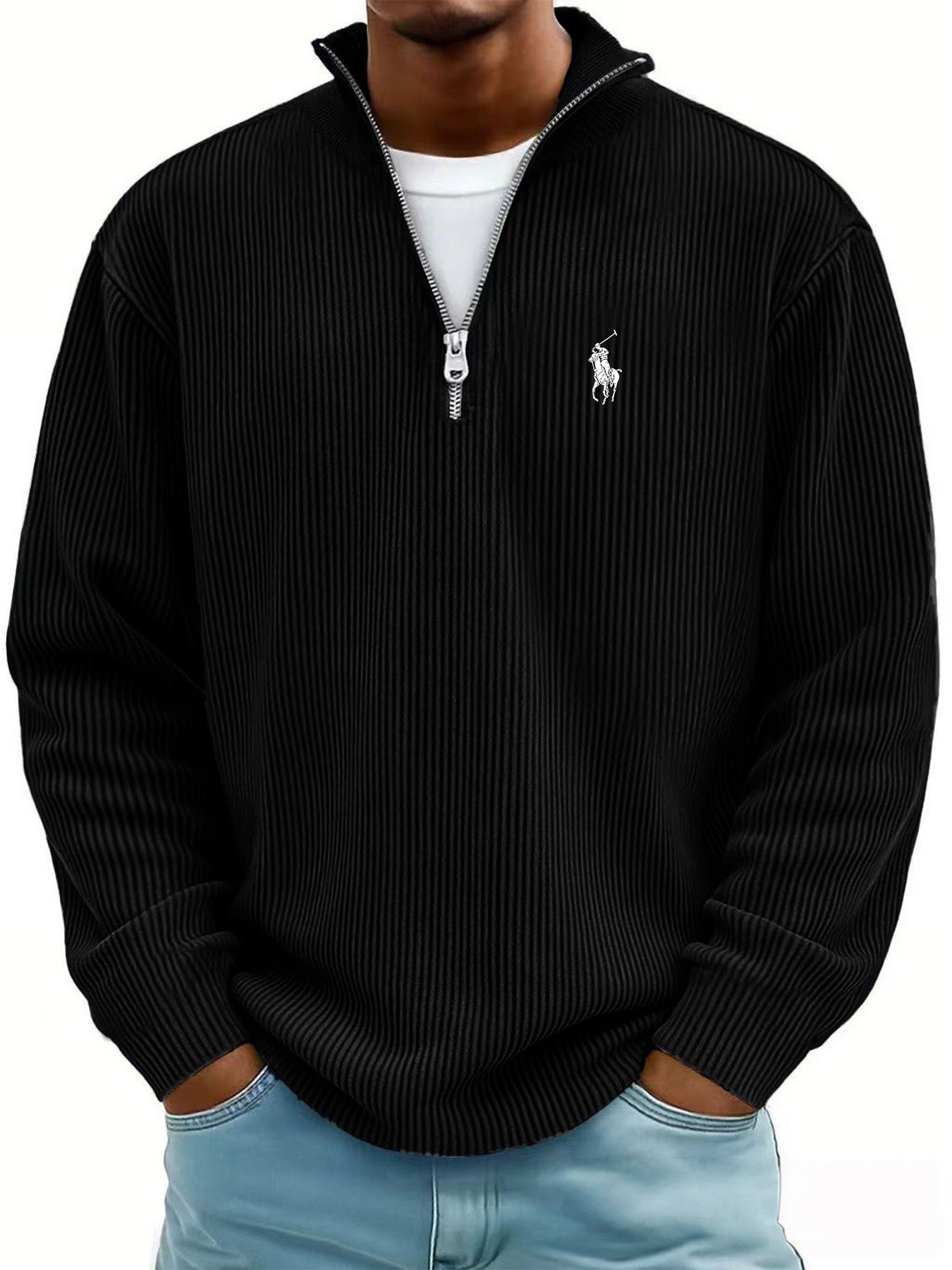 Men's Simple Casual Ribbed Stand Collar Zipper Long Sleeve T-shirt