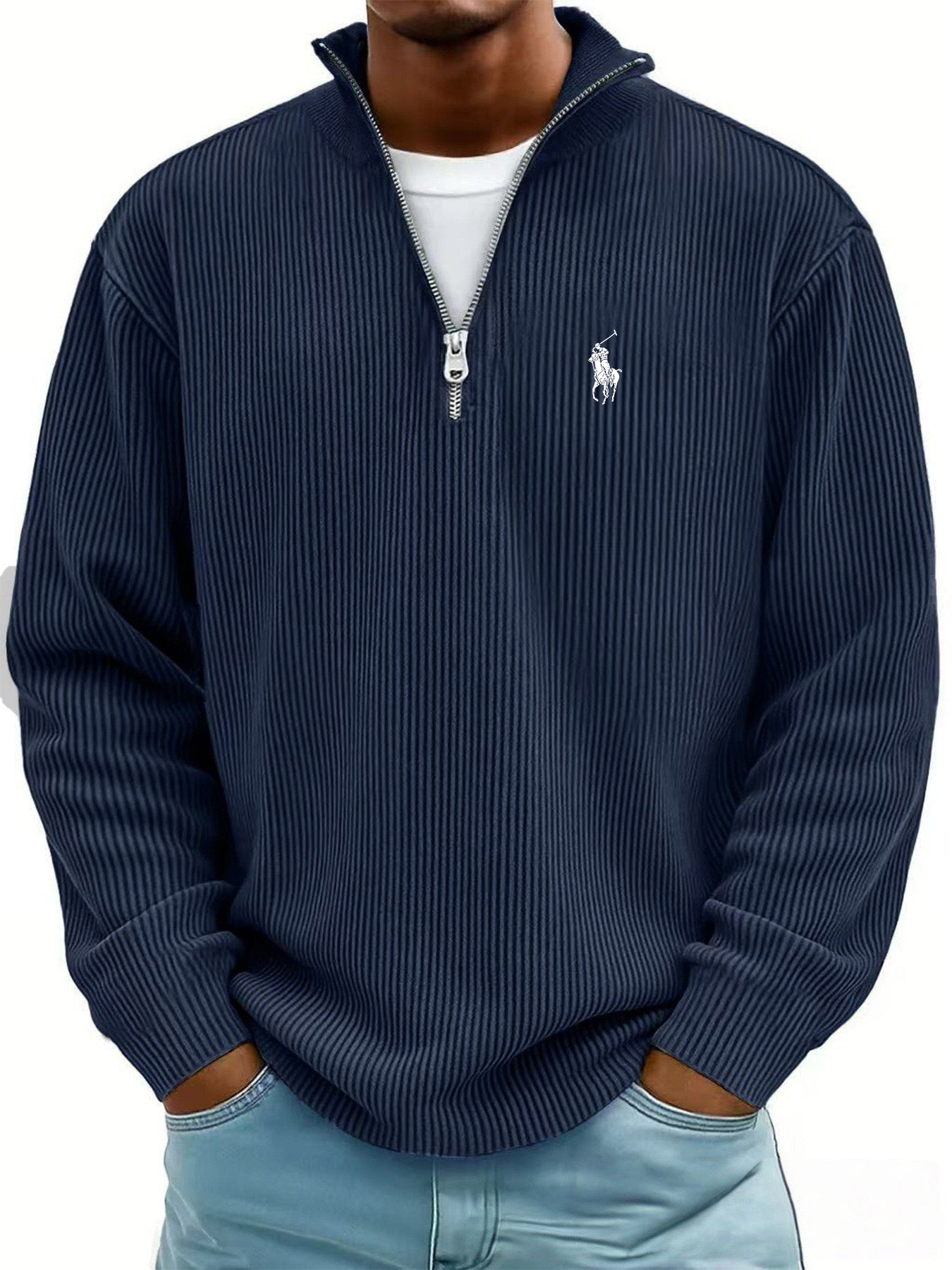 Men's Simple Casual Ribbed Stand Collar Zipper Long Sleeve T-shirt