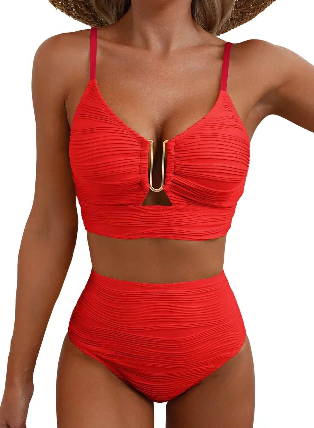 Women's Sheer Swimsuit — Ruched Deep V-Neck, Two-Piece Black High-Waisted Beachwear with Cutouts