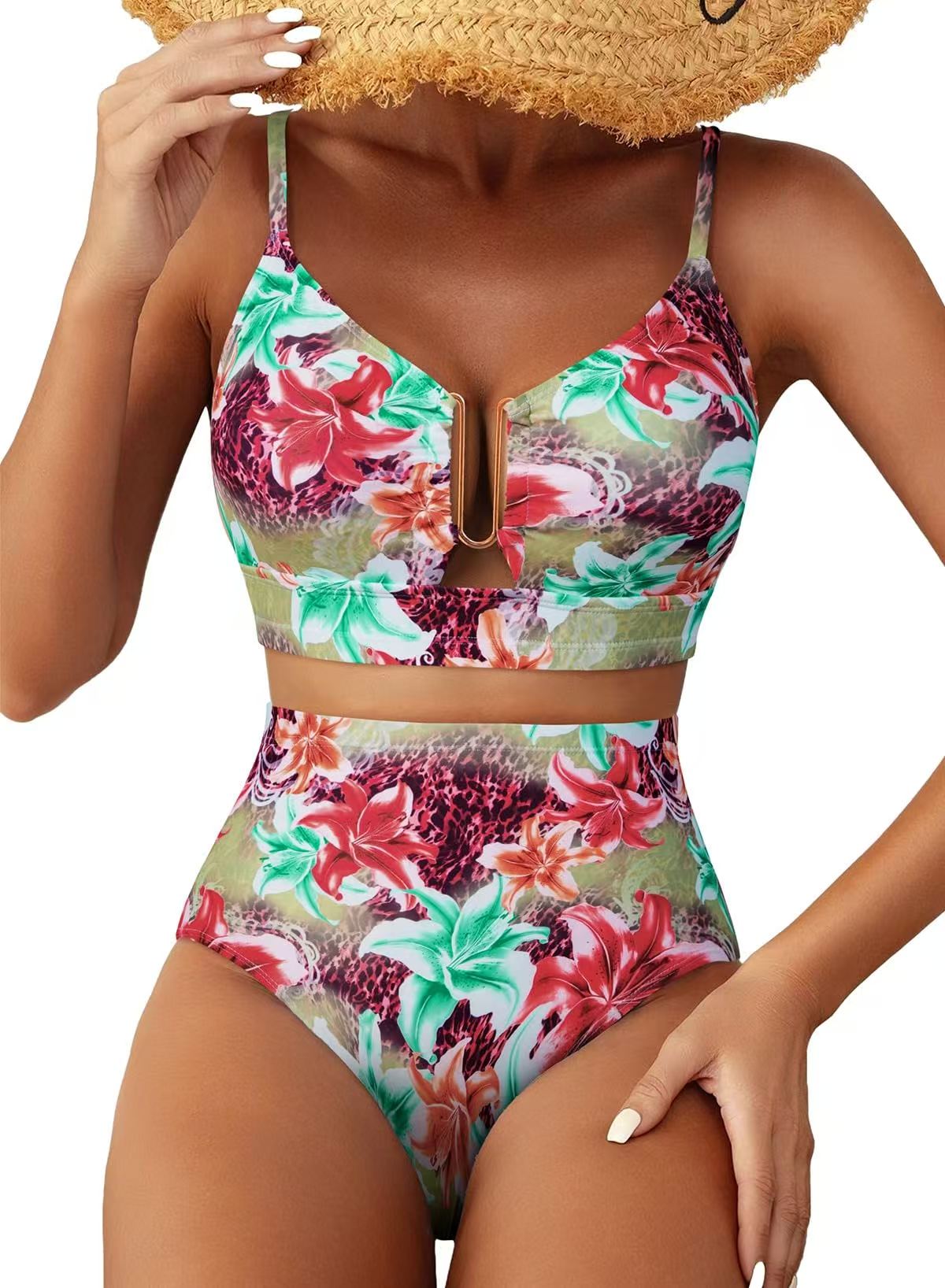 Women's Sheer Swimsuit — Ruched Deep V-Neck, Two-Piece Black High-Waisted Beachwear with Cutouts