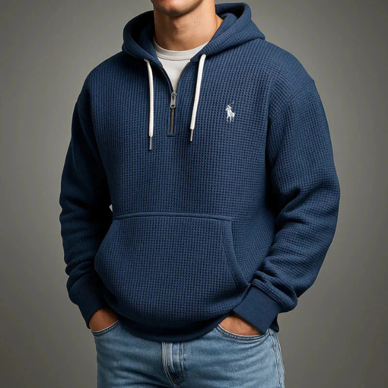 Men's Casual Solid Waffle Zipper Long Sleeve Hooded Sweatshirt