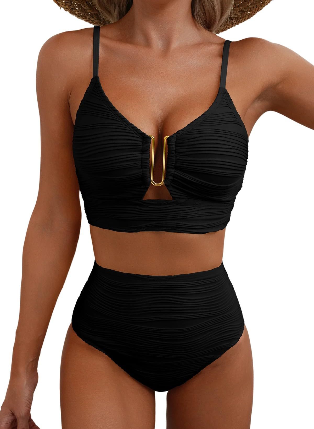 Women's Sheer Swimsuit — Ruched Deep V-Neck, Two-Piece Black High-Waisted Beachwear with Cutouts