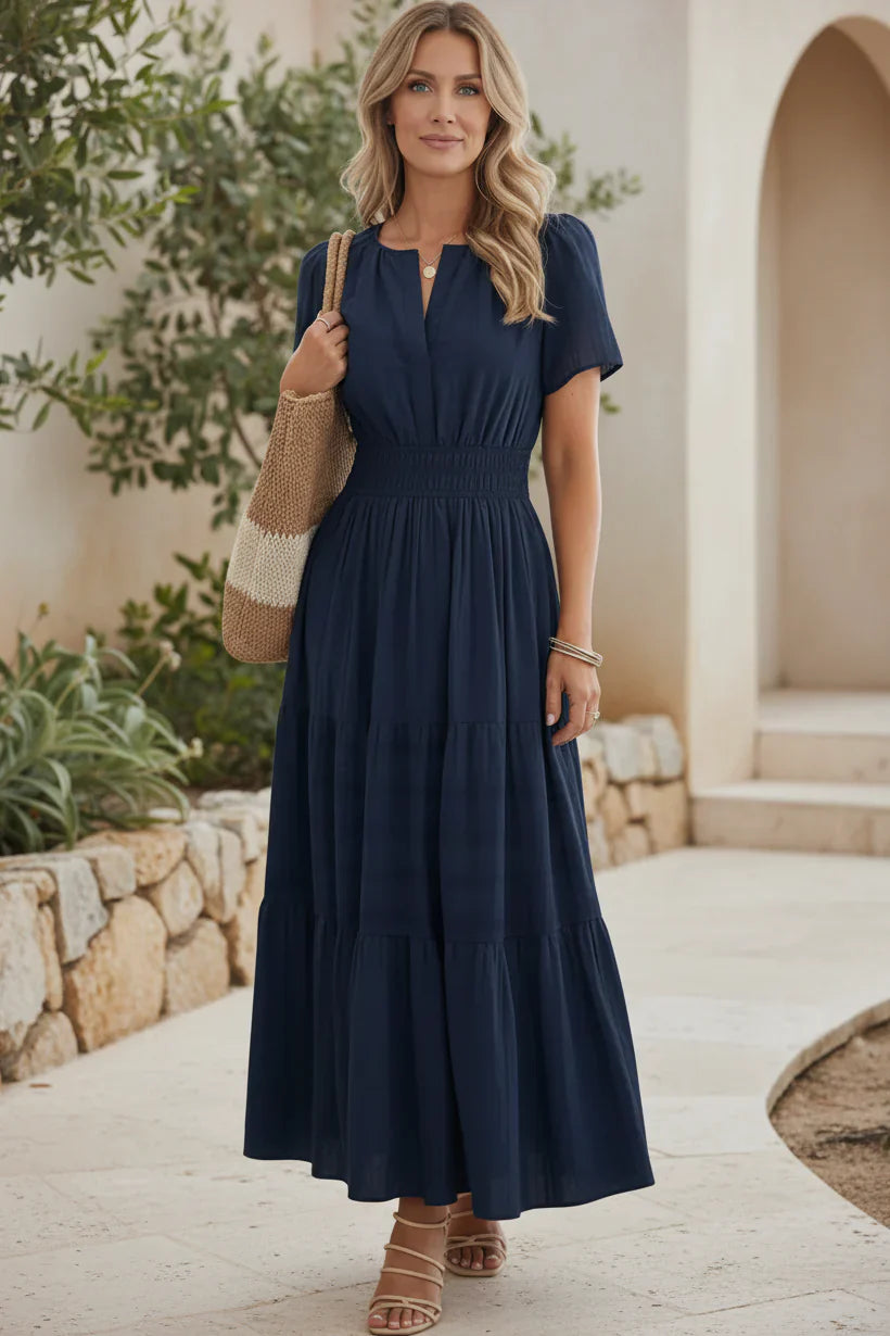 Women's Casual V-Neck Puff Sleeve Tiered Midi Dress with Ruched Waist