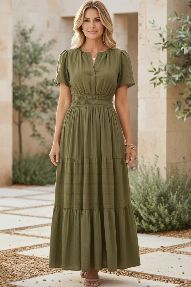 Women's Casual V-Neck Puff Sleeve Tiered Midi Dress with Ruched Waist