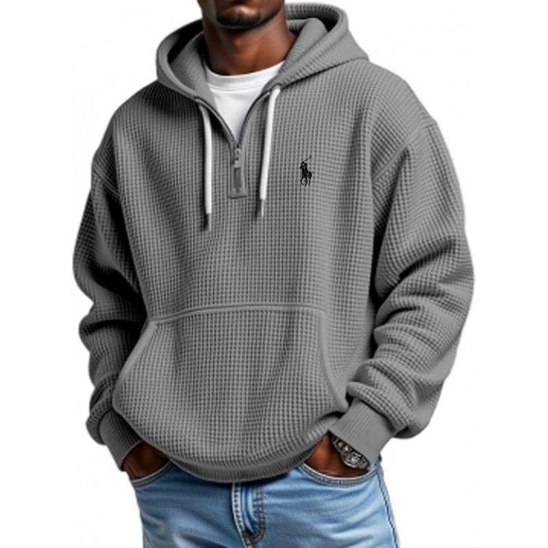 Men's Casual Solid Waffle Zipper Long Sleeve Hooded Sweatshirt