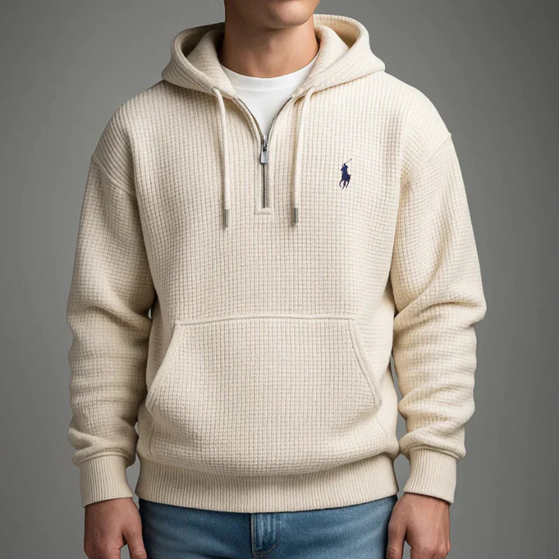 Men's Casual Solid Waffle Zipper Long Sleeve Hooded Sweatshirt