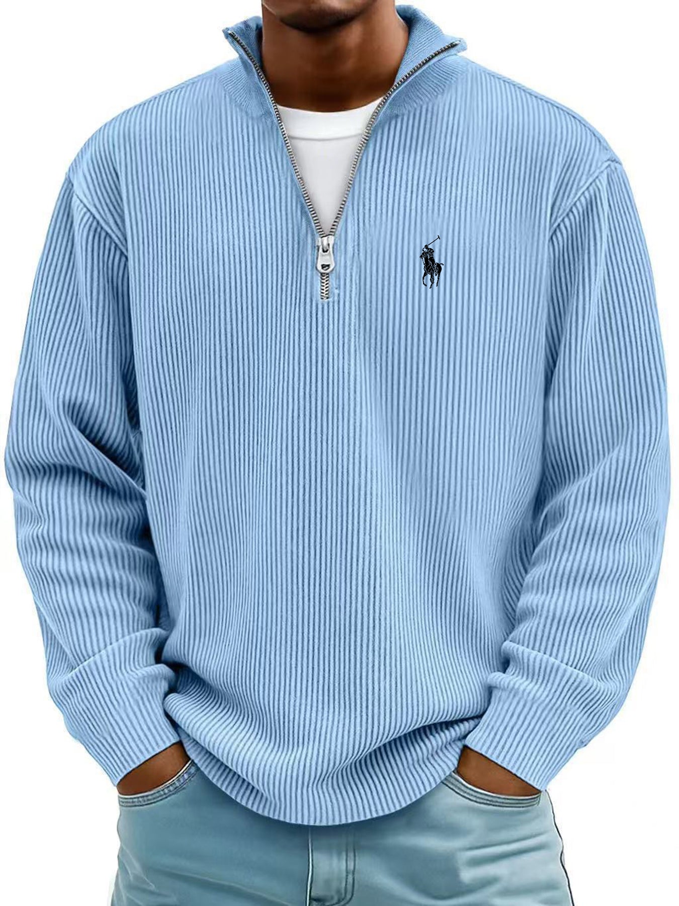 Men's Simple Casual Ribbed Stand Collar Zipper Long Sleeve T-shirt