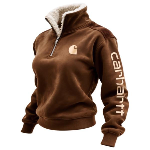 Retro Western Style Women's Contrast Color Patch Suede 1/4 Zip Stand Collar Sweatshirt