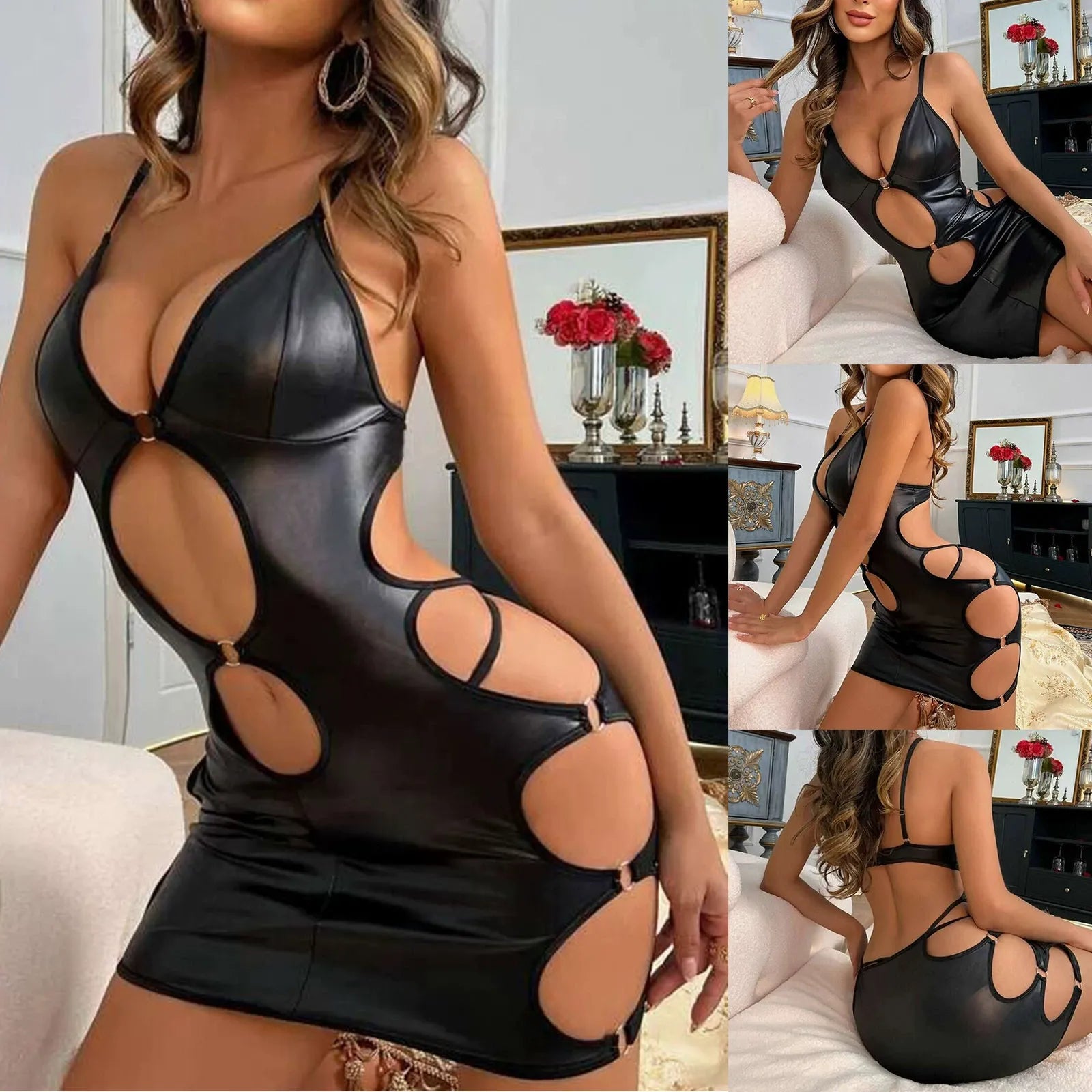 Sexy patent leather hollow suspender tight skirt for women
