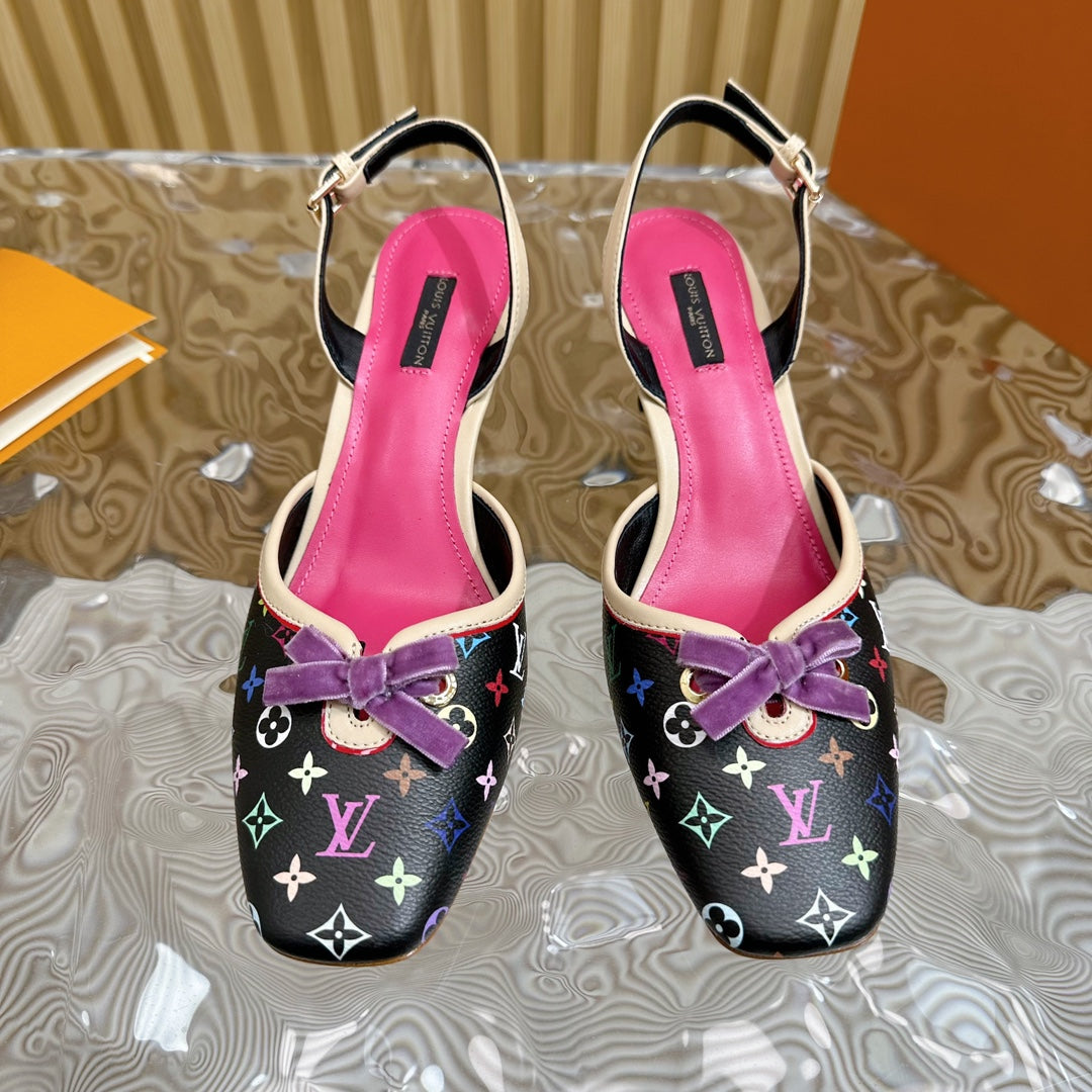 Retro literary velvet bow�cat heel sandals L*** VIP 1:1