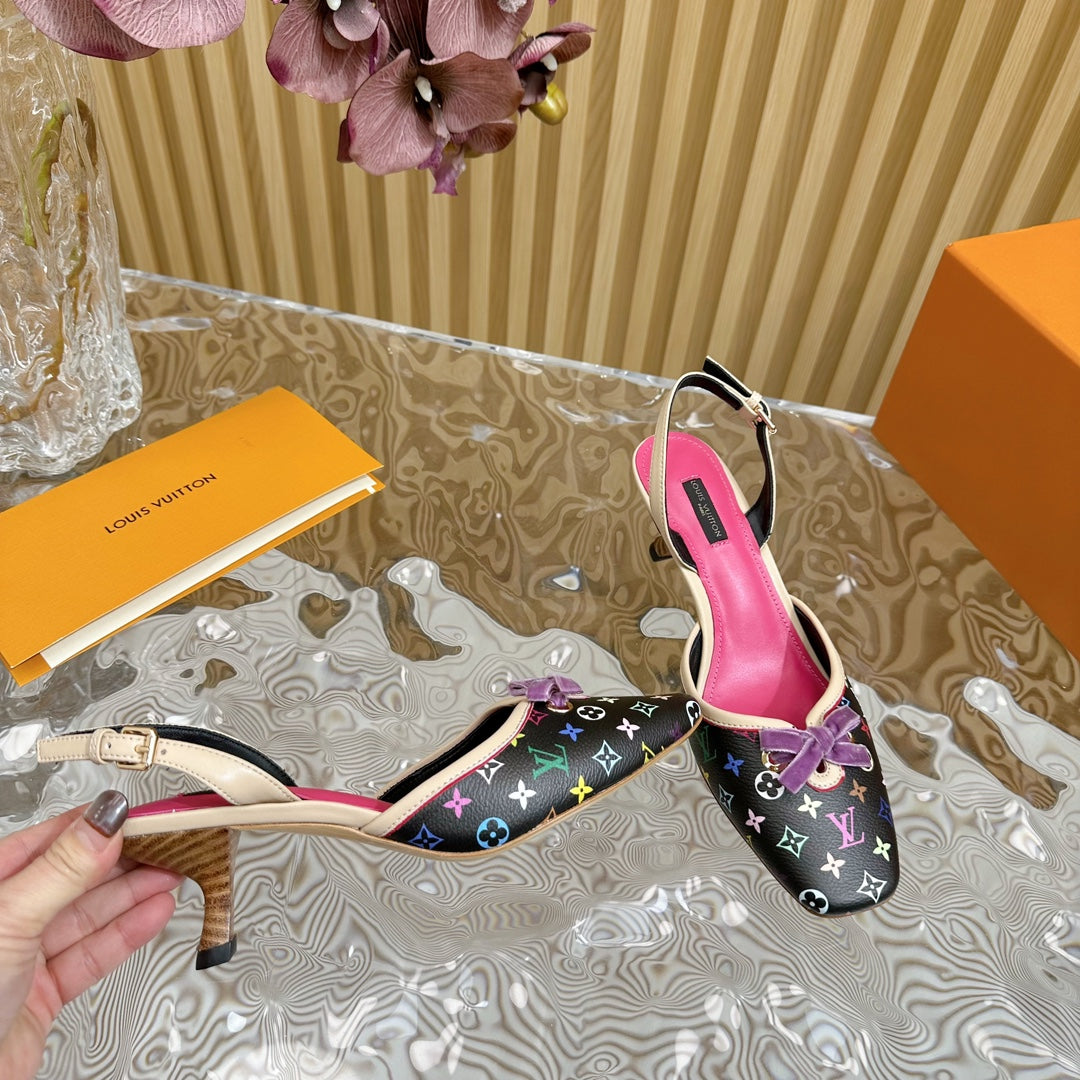 Retro literary velvet bow🎀cat heel sandals L*** VIP 1:1