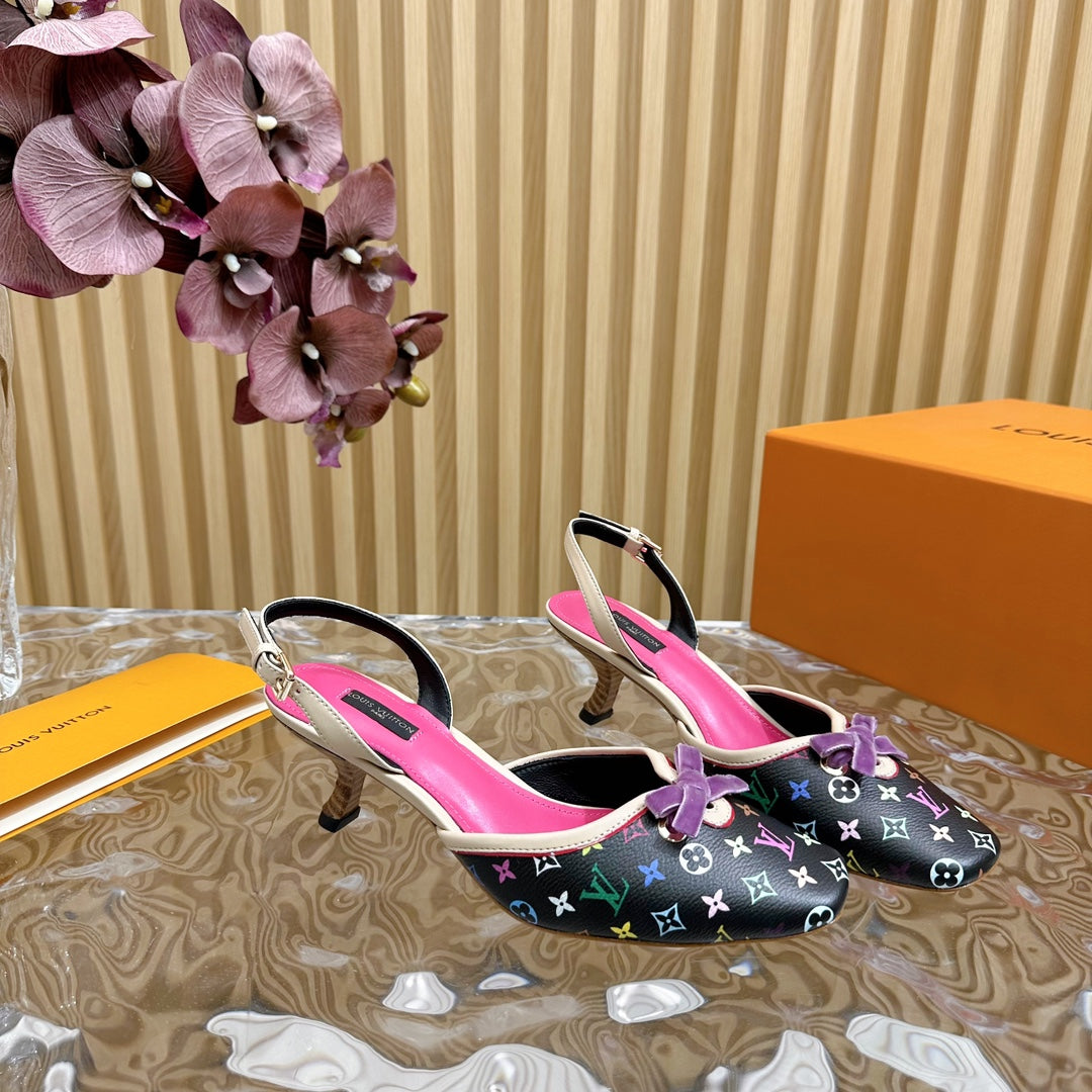Retro literary velvet bow🎀cat heel sandals L*** VIP 1:1