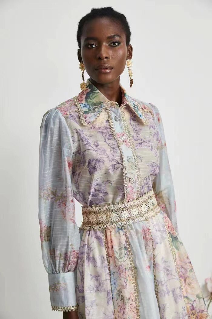 ZIM****-New suit, diamond button lace lapel long-sleeved shirt + lace short skirt